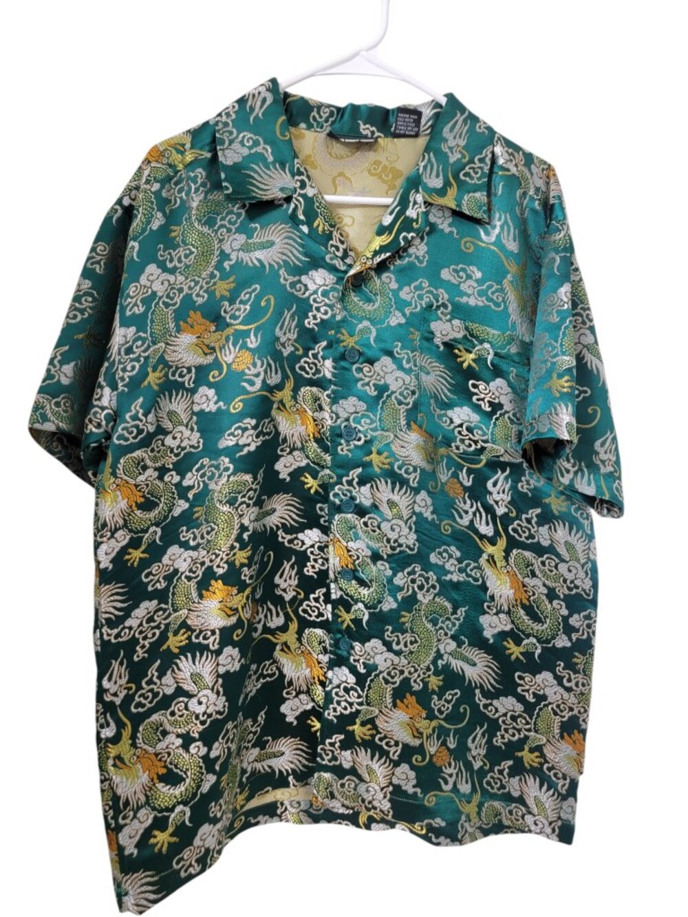 Vintage ODO Size M Chinese Dragon Green Satin Short Sleeve Button Shirt